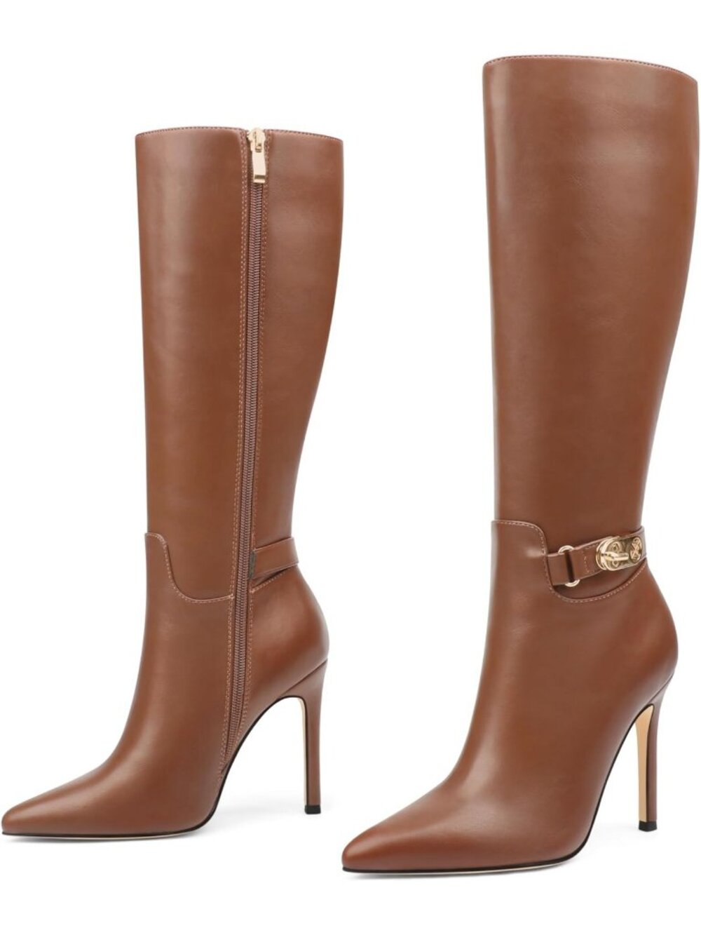 Women's Brown Faux Leather Pointed Toe Stiletto Fashionable Knee High Boots